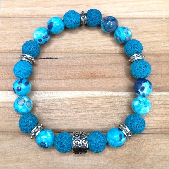 Artisan Rain Flower Jade Bracelet Beaded Lava Stones Diffuser Tibetan Silver - Picture 3 of 14